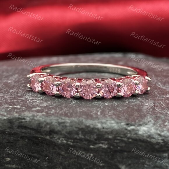 Jewelry - NEW Certified 3mm Pink Moissanite 7 Stone Half Eternity Band Ring